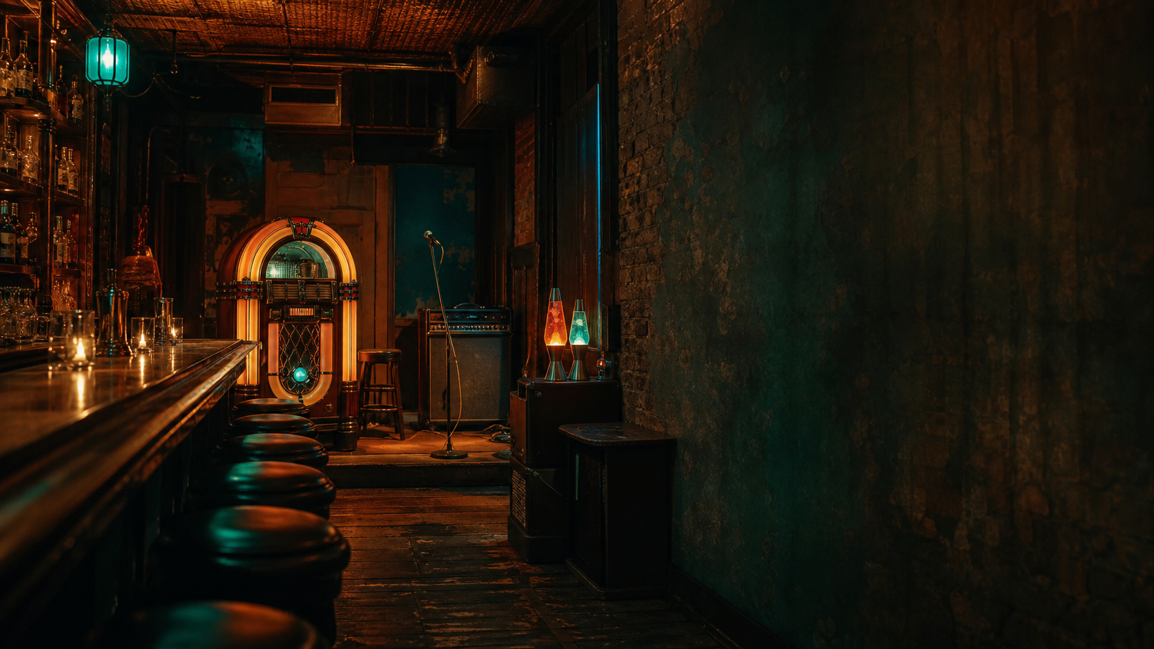 Concept rendering of a moody vintage dive bar with a jukebox, lava lamps, and a small stage